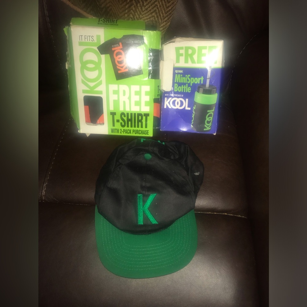 3-VINTAGE KOOL CIGARETTES BLACK W/GREEN/Orange “KOOL’ Cap,T-Shirt & Sport Bottle